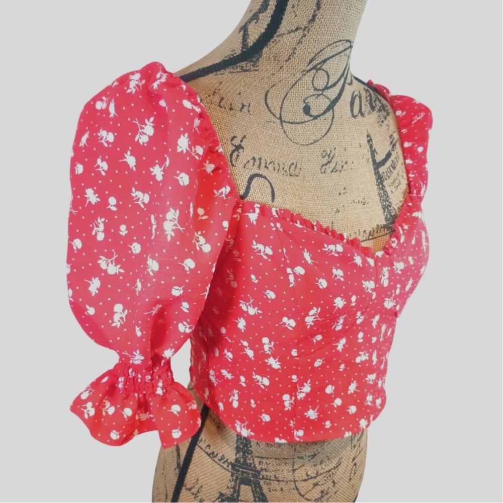 DIVIDEND by H&M Red White Floral Crop Top Blouse Puff Ruffle Sleeve Medium
